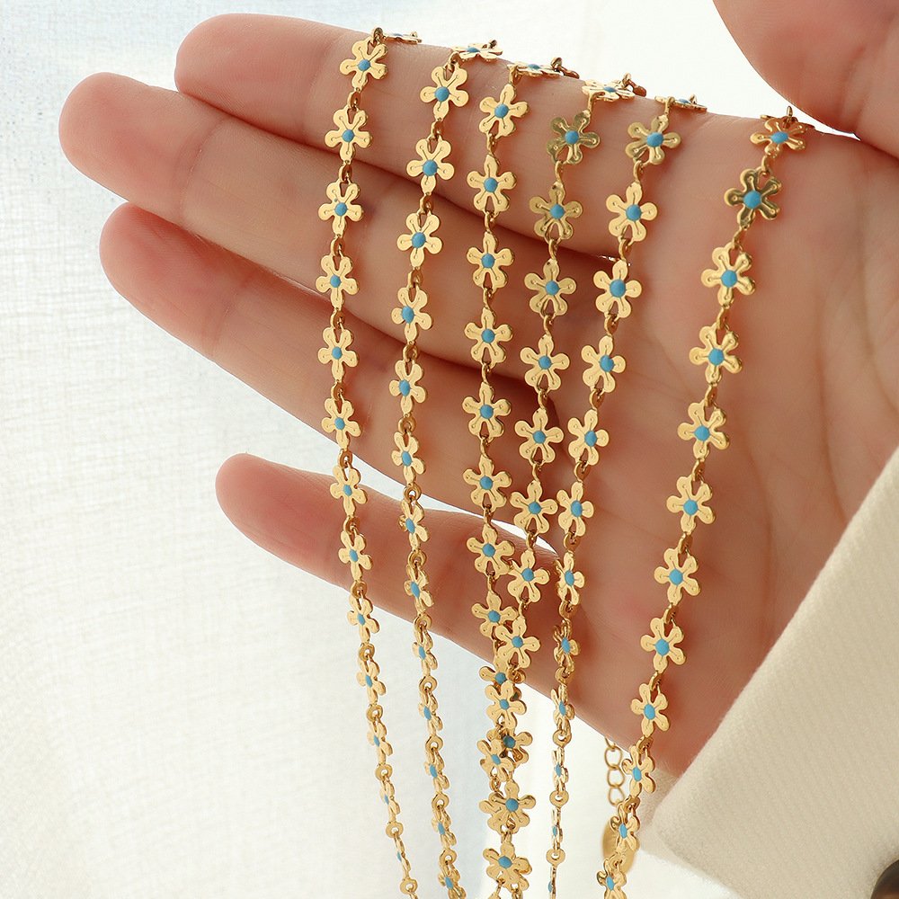 Golden flowers bloom charm, blue oil drip necklace bracelet, niche light luxury neck chain bracelet, 18K plating shows elegant quality!